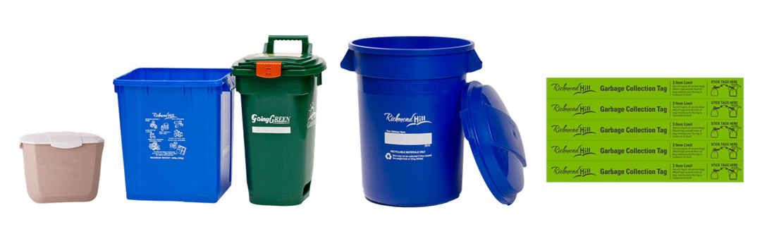 Images of blues boxes, green bin, kitchen container and garbage tags