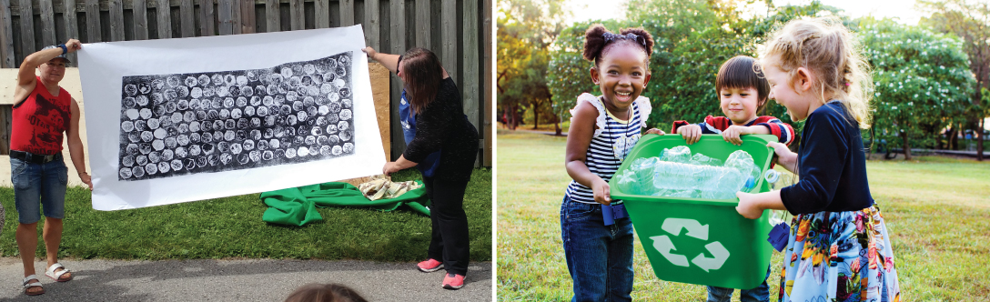 Community members holding up artwork and children collecting recycling