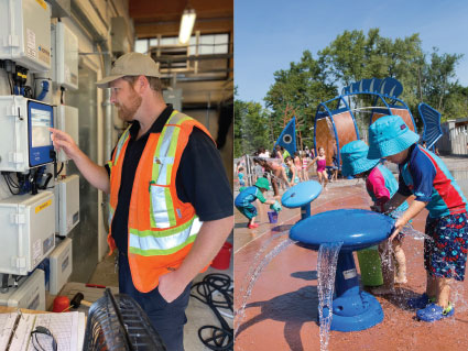 Splash pad operator in the control room and children playing on the Lake Wilcox splash pad