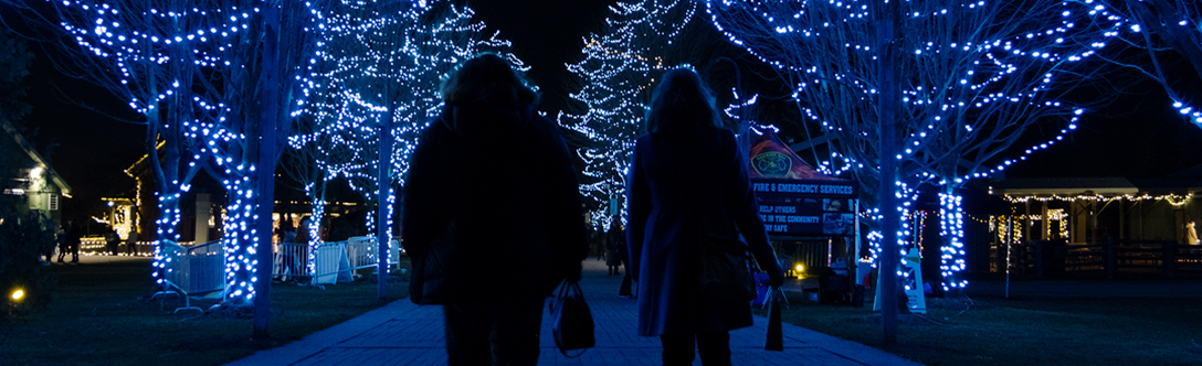 merry marketplace at night with lights in the trees