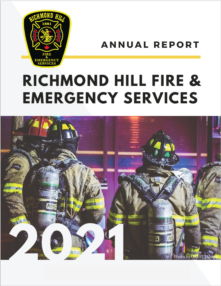 Richmond Hill Fire logo on the top left of the photo. 4 firefighters standing in front of a fire truck and wording that says 'Richmond Hill Fire & Emergency Services Annual Report'